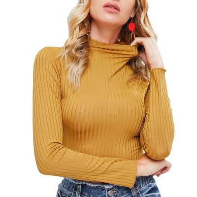 China Anti-wrinkle 100% Fashion Custom Cotton Long Sleeve Turtleneck White Crop Tops Women's T-shirt for sale