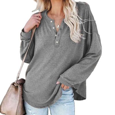 China New Design Oversized Cotton Anti-wrinkle Loose Long Sleeve 100% V-neck Buttons Solid Color Custom Women's T-shirt for sale