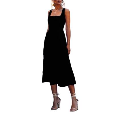 China New Design Anti-wrinkle Plus Size Square Collar Spaghetti Tie Up Plain Midi Sleeveless Backless Dress for sale