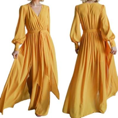 China Anti-wrinkle Fashion Plus Size Elegant Chic V-Neckline Long Sleeve Solid Color Chiffon Party Slit Maxi Dress For Women for sale