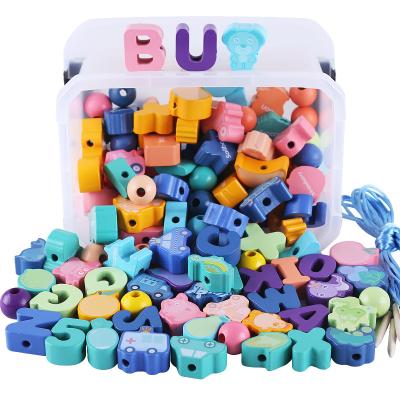 China Early Education 45pcs Colored Blocks Diy Handmade String Bead Threading Wooden Educational Toys for sale