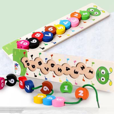 China Toy Colorful Cute Cartoon Insects Form Number Beading Threading Montessori Educational Wooden Toys for sale