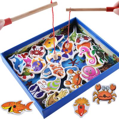 China 2 Years+ 32 Piece Fishing Game Parent Child Wooden Magnetic Toys Bipolar Puzzle Toy For Kids for sale