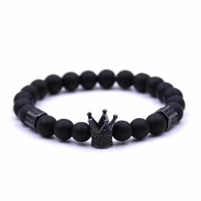 China Trendy Hiphop Natural Beads Beach CZ Ball Bracelet Micro Pave Zircon Black Lava Rock Stone Energy Men Crown Bracelets Jewelry for sale