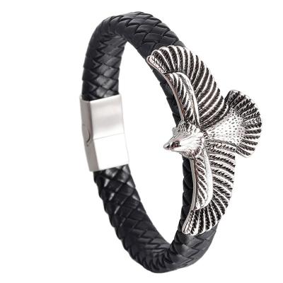 China Wholesale CLASSIC Fashion Genuine Leather Eagle Piece Cuff Bracelet Stainless Steel Wristband Bracelets For Men for sale