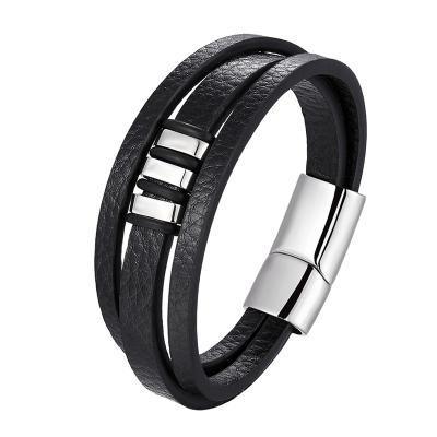 China CLASSIC Magnetic Clasp Charm Stainless Steel Genuine Leather Bracelet For Men for sale