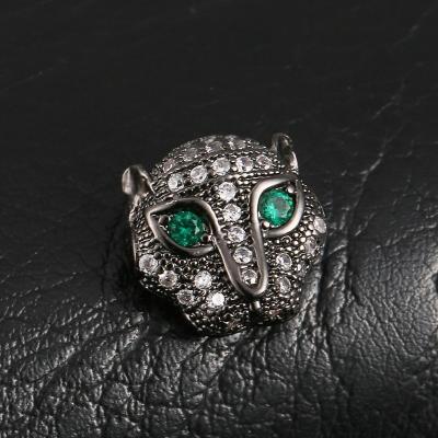 China Go Through Tube Diy Brass Gold Plated CZ Pave Leopard Head Bracelet Connector Charm Beads, Pave Green Panther Leopard Eye CZ Main Spacer Bead for sale