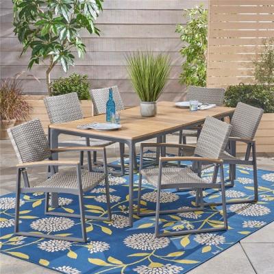 China 7 Piece Industrial Outdoor Aluminum and Wicker Dining Set with Wood Top PatioTable and Chair Furniture Outdoor Garden Table Sets for sale