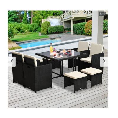 China Outdoor Weather Furniture 9 Piece Rattan Wicker Dining Table Set Sunny Outdoor Space Saving Wicker Chairs And Chairs Furniture With Cushions for sale