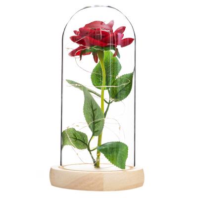 China Durable Simulation Gold Foil Rose Flower Led Valentine's Day Gift Christmas Gift Immortal Flower in Glass Cover for sale