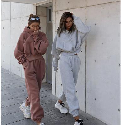 China Anti-wrinkle Hoodies For Woman, 2 Piece Women Wool Hoodie Set Winter Fleece Tracksuit Set Crop Top Hoodie Women Oversized Sweatshirt for sale