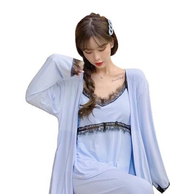 China Hot Sale New QUICK DRY Women's Casual Nightwear Sleepwear Condoles Slim Belt Strap Pajamas Polyesternight Three-Piece Suit for sale