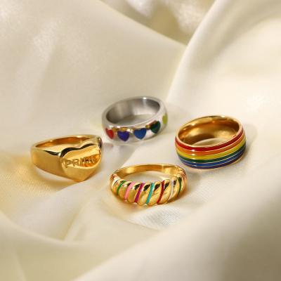 China CLASSIC Gay Ring Stainless Steel Lesbian LGBT Pride Rainbow Jewelry Gay Men 18k Gold Plated Chunky Heart Rings for sale