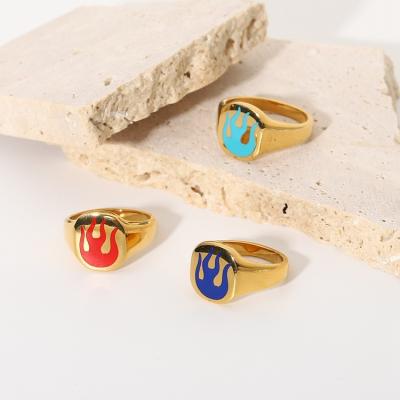 China TRENDY Punk Red Rings Jewelry 18K Gold Stainless Steel Bule Flame Pattern Rings For Women for sale