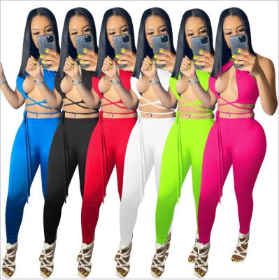 China Summer ladies two piece set halter neck drawstring sexy hollow top sports QUICK DRY tight long pants for sale