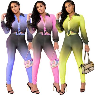 China Anti-pilling 2021 high quality fall ladies office printed pants shirt two-piece set pants and blouses for women for sale