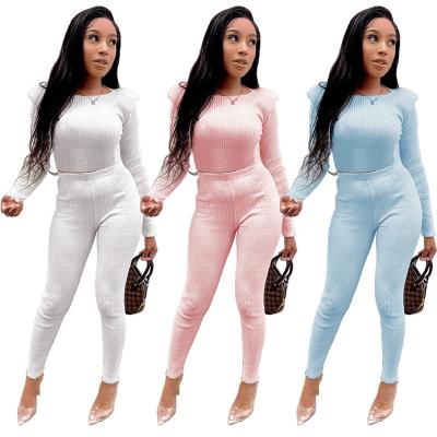 China Anti-Wrinkle Fall 2021 Solid Colors Pants Long Sleeve 2 Piece Set Women Clothing Ribbed Sweatpants Set Woman for sale