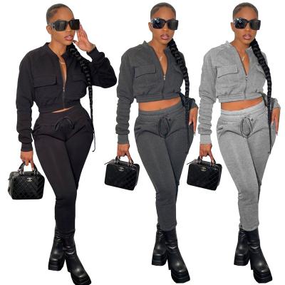 China Two-Piece Set Sweatsuit Pants Women Winter Fleece Tracksuit Long Sleeve Splice Crop Jacket QUICK DRY Crop Jacket for sale