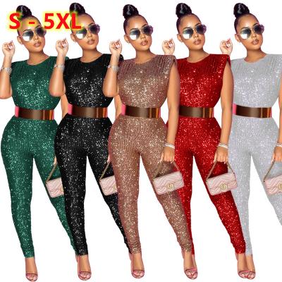 China Luxury New Fashion 5XL Women Bodycon Sequins Sleeveless Sexy QUICK DRY Rompers Plus Size Party Overalls Elegant for sale