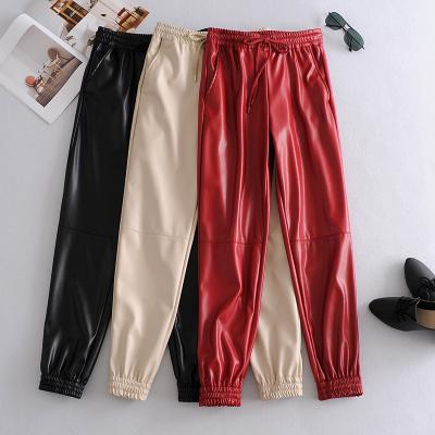 China Hot Selling Anti-Wrinkle High Waist PU Faux Leather Pants Women Leather Pants Tapered Joggers Pants Women for sale