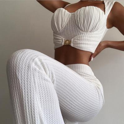 China High Quality Breathable Corset Top Flared Streetwear White Women Summer Dress Pants Sexy Two Piece Set for sale