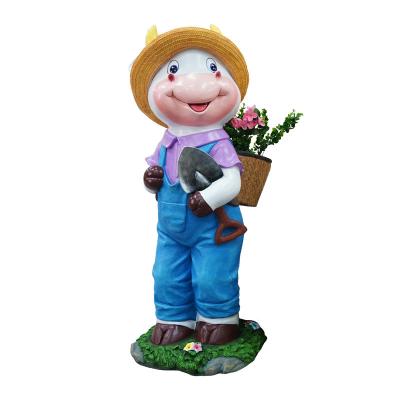 China Outdoor Simulation Cartoon Fiberglass Ornaments Handwork Resin Decoration Park Europe Cow Garden Animal Garden Animal Flower Pot for sale