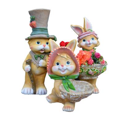 China Outdoor artificial simulation fiberglass garden decoration resin plant Europe park rabbit sculpture rabbit garden animal flower pot for sale