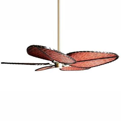 China Natural Blade Ceiling Fan Designs Decoration Hotel Office New 52 Inch Rattan Handwoven Blade Remote Control Ceiling Fan for sale