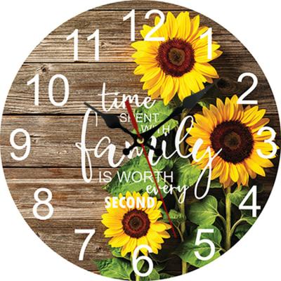 China 10 Inch Sunflower Wall Clock Floral Silent Wooden Round Non Ticking Antique Style Vintage Country Clocks Easy To Read Wall Clock for sale