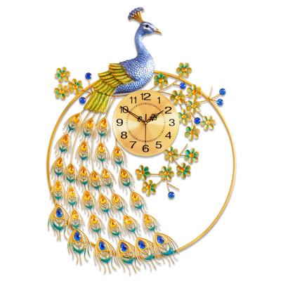 China Large Antique Style Peacock Wall Clock Metal Design Non-ticking Silent Art Digital Wall Clocks For Living Room Decor for sale