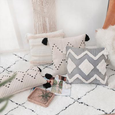 China Anti-static square cushion Nordic Moroccan style embroidery adorned geometric tassel handmade pillowcase for sale