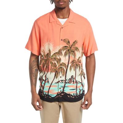 China Custom Made High Quality Hawaiian Tropical Palm Print Anti-pilling Short Sleeve Button Up Summer Beach Men Shirt for sale