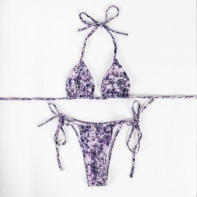 China Breathable Sexy Strappy Swimsuit Ladies Halter Tie Bikini Woman Purple Fireworks Texture Swimwear Beachwear for sale