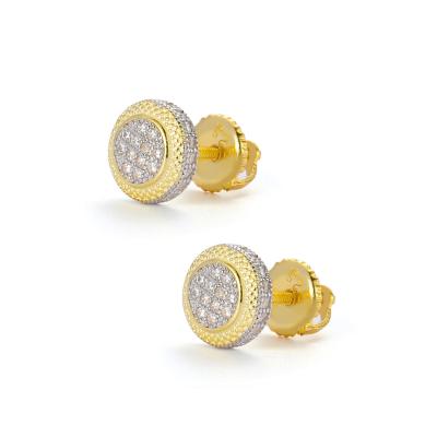 China Hiphop Fashion 925 Sterling Silver Gold Plated Earrings Iced Out Zircon Two Tone Round Diamond Stud Earrings For Women Men Jewelry for sale