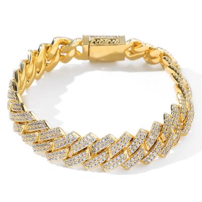 China Gold Diamond Miami Cuban Chain Hiphop Bling 14mm Band Bracelet Brass Iced Out CZ Cuban Link Bracelet Men's Hiphop Jewelry for sale