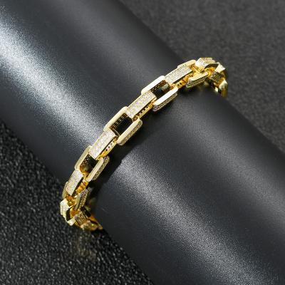 China Hiphop 8MM Micro Paved Cubic Zircon Designer Box Chain Hip Hop Bangle 18K Gold Plated Jewelry Mens Chain Bracelet for sale