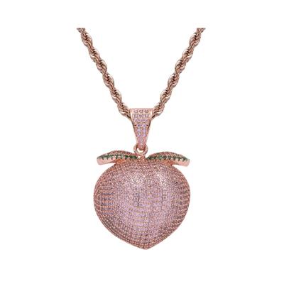 China Hiphop Hip Hop Mic Pave Iced Out Necklace Men's Pink Peach Diamond Fruit Pendant Rope Chain Charm Pendant Necklace for sale