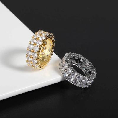 China Hiphop Fashion Hip Hop 8mm Gold Plated Couple Ring Jewelry Iced Out Cubic Zirconia Hollow Wedding Double Row Ring For Men Women for sale