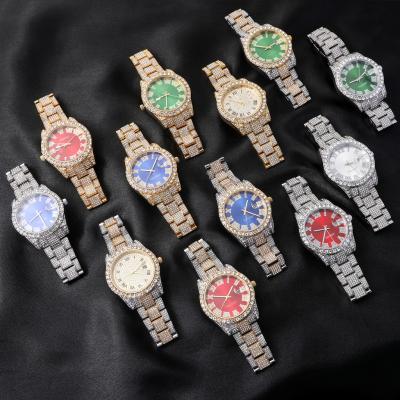 China Exaggerated Roman Numerals Diamond Men's Dial Quartz Luminous Watches Hip Hop Day/Date Stainless Steel Punk Quartz Wrist Watch for sale