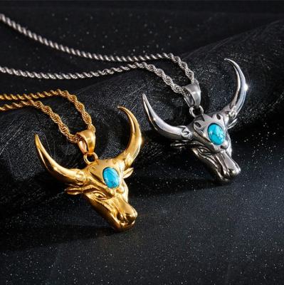 China Retro Stainless Steel Hiphop Hip Hop Style Turquoise Ethnic Necklace Horns Mens Head Animals Punk Rock Pendant Jewelry for sale