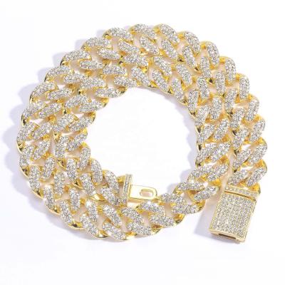 China Row 3 Crystal Cuban Chain Necklace Set Hip Hop Zinc Alloy 15mm Iced Out Miami Gold Silver Cuban Link Chain Necklace For Men for sale