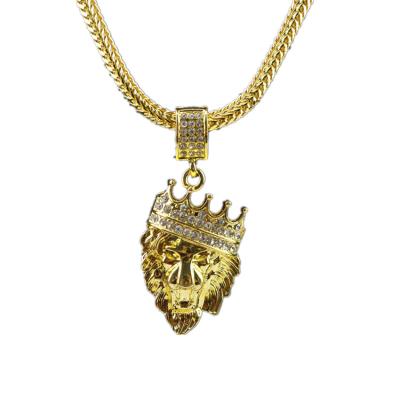 China Hiphop Personalize Crown Lion Head Necklace Pendant With Cuban Chain Necklace Rhinestone Setting Gold Plated Hip Hop Mens Jewelry for sale