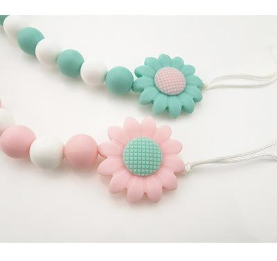 China Soft Toy Silicone baby teether toy with clip teether anti-drop sunflower chain shape safe baby teether for sale