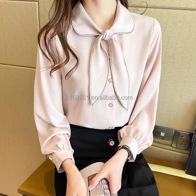 China 2021 Four Seasons New Long Sleeve V Collar Cheap Wholesale Women's Loose Blouse Anti-pilling Blouse Fold Bottom for sale