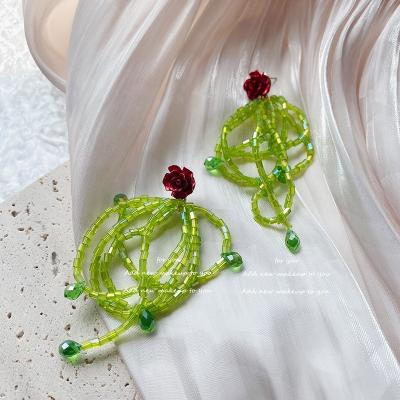 China TRENDY Rose Flower Green Beaded Tassel Stud Earrings Fashion Handmade Water Drop Dangle Earrings Temperament White Earrings for sale