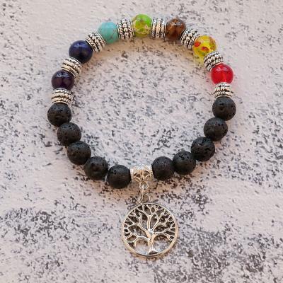 China 2021 TRENDY New Life of Tree Charm Bracelet Lava Stone 7 Chakra Diffuser Bracelet for sale