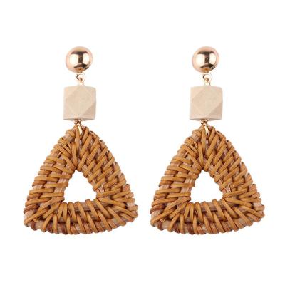 China High quality handmade wicker woven triangle earrings wooden women triangular fashion earring rattan for sale