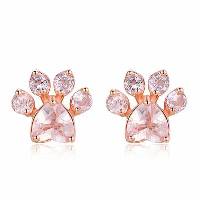 China 2019 High Quality Cute Female Earrings Rose Gold Plating Cute Tiny Cat Pink Paw Zircon Stud Earrings for sale