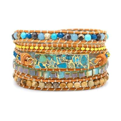 China Vintage Gold Wire Braided Bracelet Gold Edging Crystal Alloy Beads Natural Stone Beaded Bracelet for sale