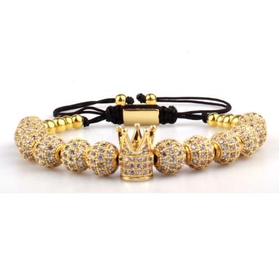 China Fashion Bracelet High Quality New Luxury Micro CZ Design Pave Diamond Ball Crown Charm Woven Macrame Bead Bracelet for sale